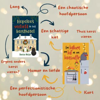 Wist je dat ik vorig jaar ook een kerstverhaal geschreven heb? 🎄

In dit enigszins chaotische plaatje 😆 kan je de belangrijkste verschillen en overeenkomsten tussen beide boeken zien. 

Hoewel Hopeloos verliefd in het kersthotel en Een kalkoen, een kat en een kaassoufflé twee hele verschillende verhalen zijn, hebben ze één grote overeenkomst: katten! In beide kerstverhalen zit een kat die gegarandeerd je hart steelt. 😻

Verder zitten beide verhalen boordevol liefde en humor en komen ook de kersttruien van @hemanederland uitgebreid aan bod 🤣 (net als in het kerstverhaal in de &C overigens, en ook wat... andere spullen van de HEMA). 

Heb jij ze allebei al gelezen? 😊Je kunt trouwens Een kalkoen, een kat en een kaassoufflé nu winnen bij @loftpublishing! De winactie duurt tot volgende week, dus doe snel mee. 

#denisemeijer #hopeloosverliefdinhetkersthotel #eenkalkoeneenkateneenkaassouffle #kerst #kerstboek #kerstfeelgood #feelgood #feelgoodboek #feelgoodroman #lezenisleuk #ikleesnls #ikleesnederlands